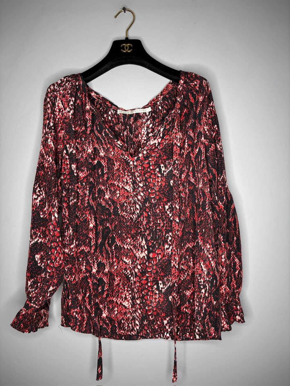 Marie Oliver Silk Blouse Top Womens Small Long Sleeve Tassel Tie Boho Print
